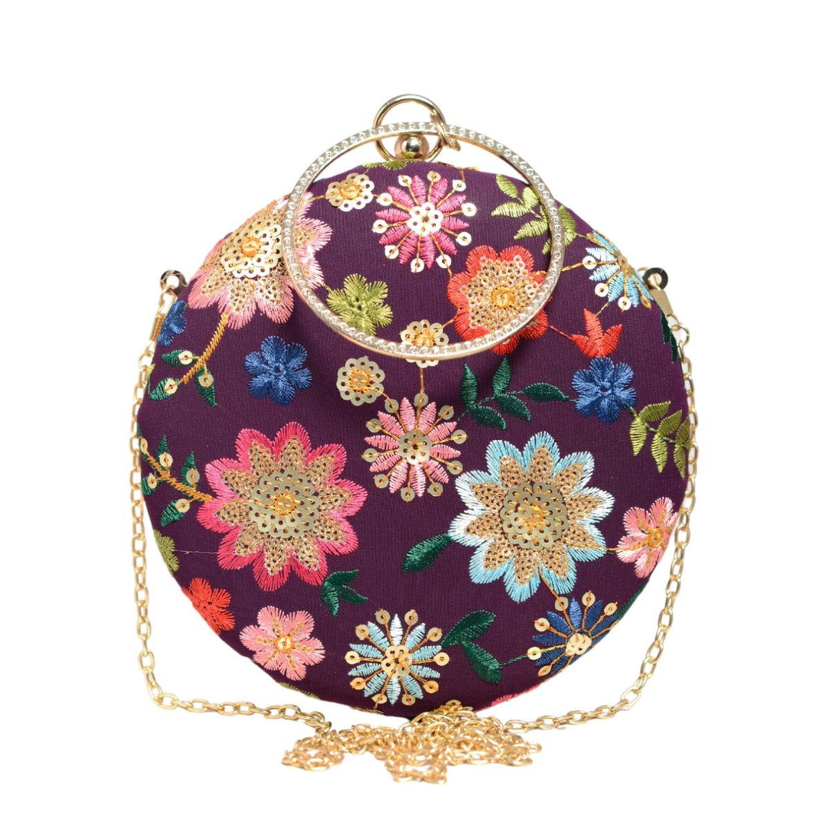 Wine Floral Embroidery Round Clutch