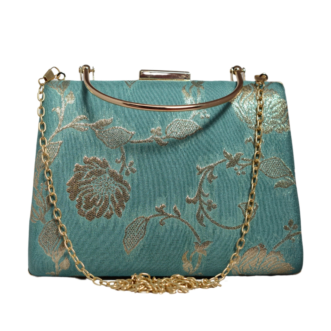 Blue And Golden Floral Brocade Fabric Clutch