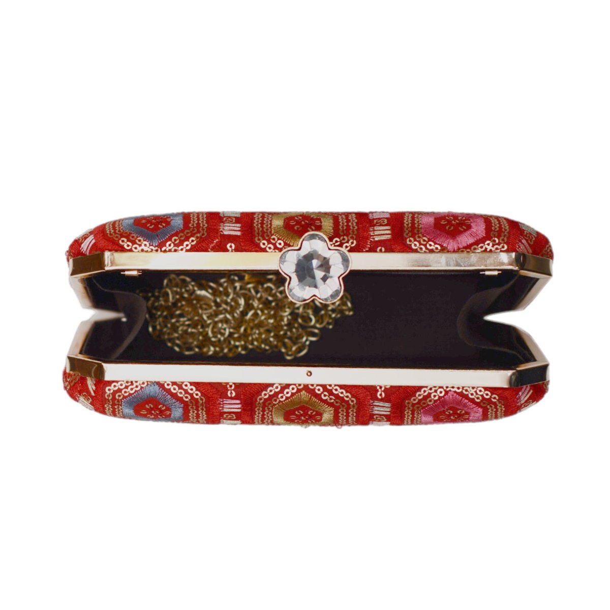 Red Rectangle Sequins Embroidery Clutch
