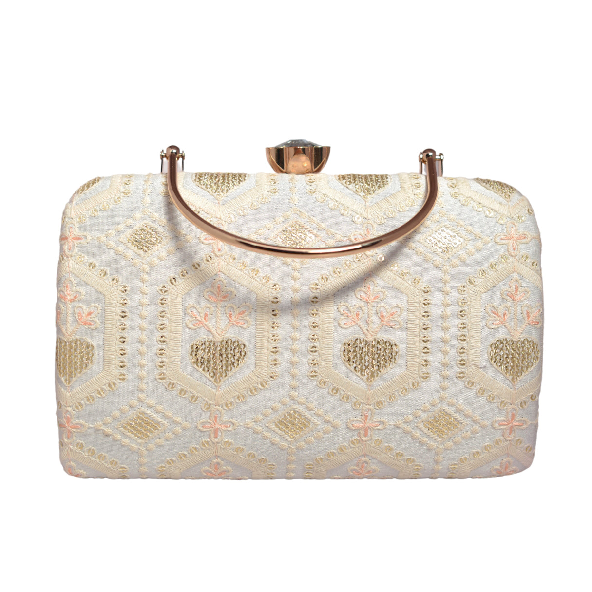 White And Golden Sequins Embroidery Clutch