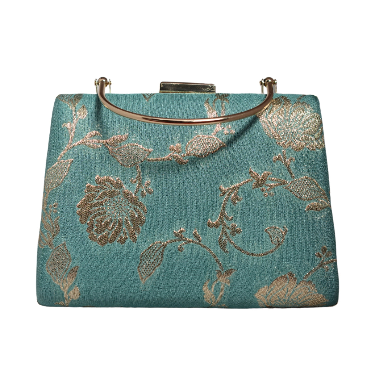 Blue And Golden Floral Brocade Fabric Clutch
