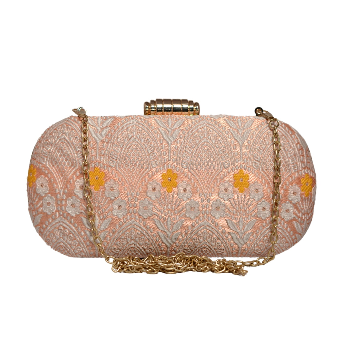 Peach And White Floral Thread Embroidery Clutch