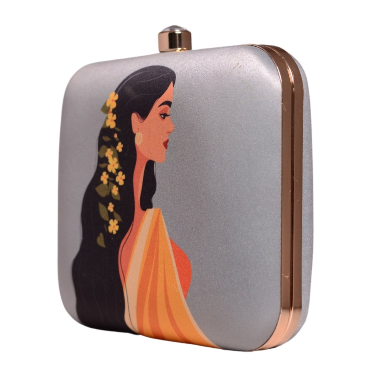 Grey Based Floral Hair Lady Printed Clutch