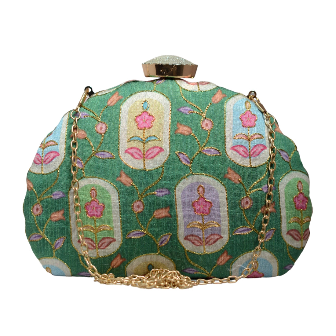 Green Floral Printed Zari Embroidery Clutch