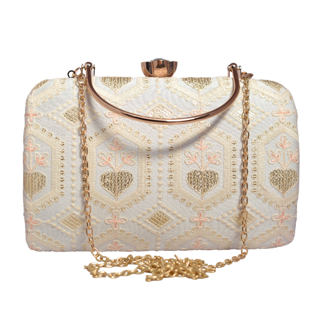 White And Golden Sequins Embroidery Clutch