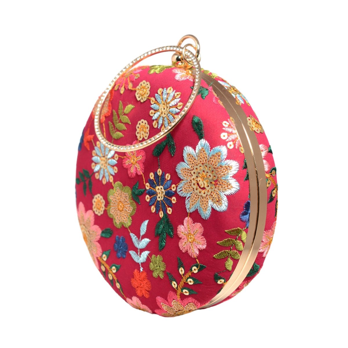 Red Floral Embroidery Round Clutch