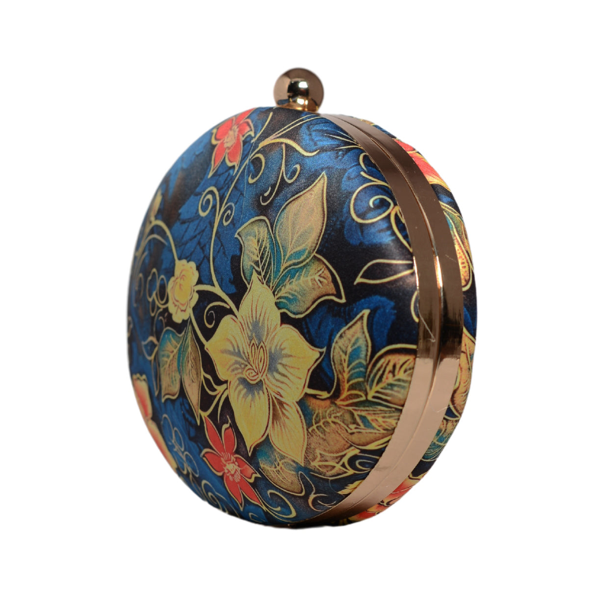 Blue And Yellow Floral Printed Oval Clutch