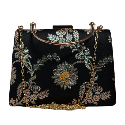 Black And Golden Brocade Fabric Party Clutch