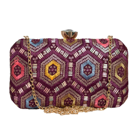 Wine Rectangle Sequins Embroidery Clutch