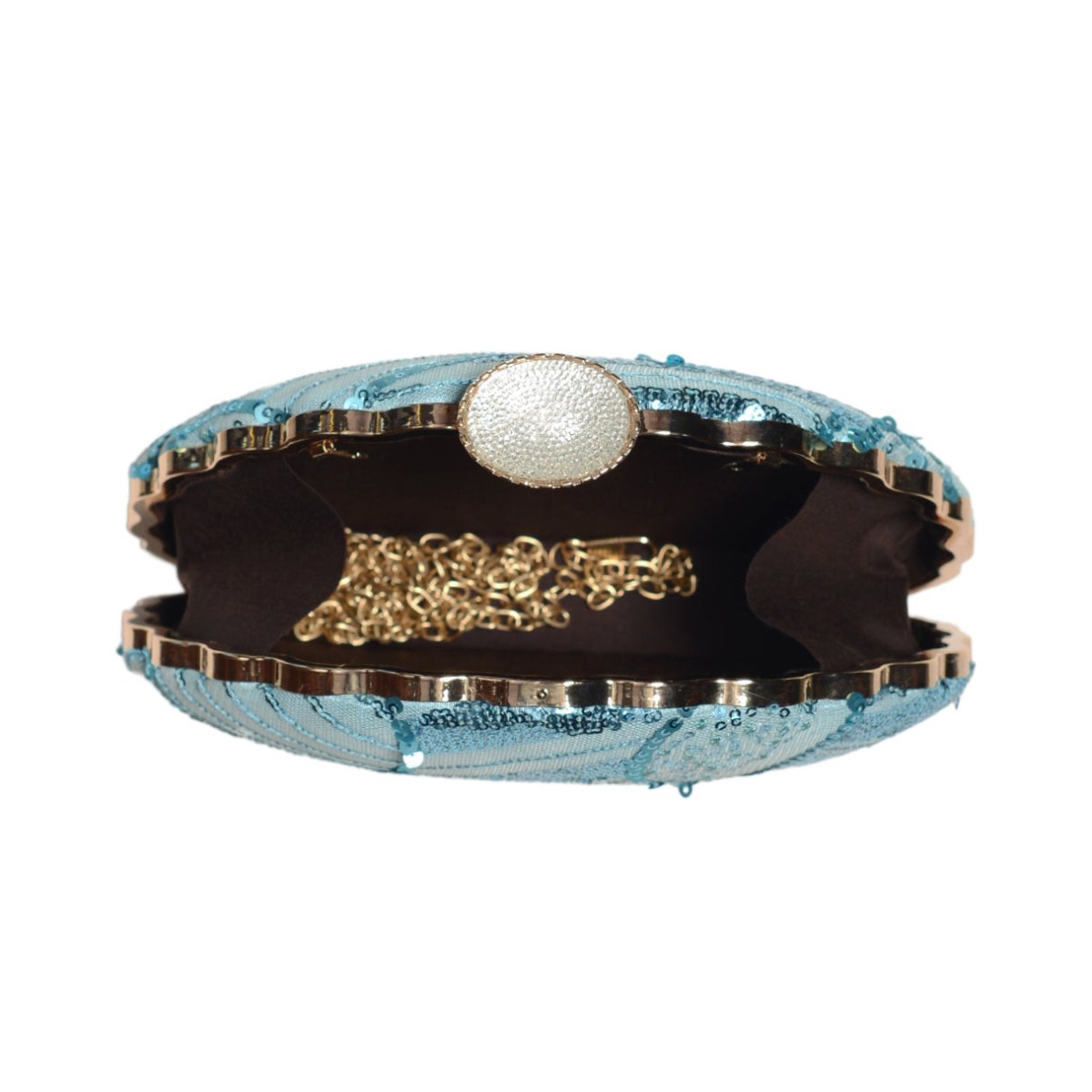 Sky Blue Sequins Embroidery Half Moon Clutch