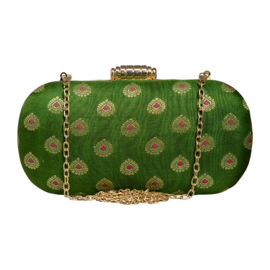 Green Brocade Fabric Party Clutch