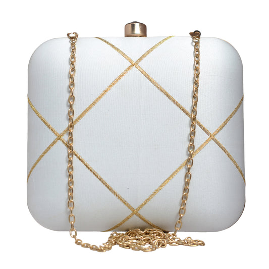 White And Golden Checks Embroidery Clutch