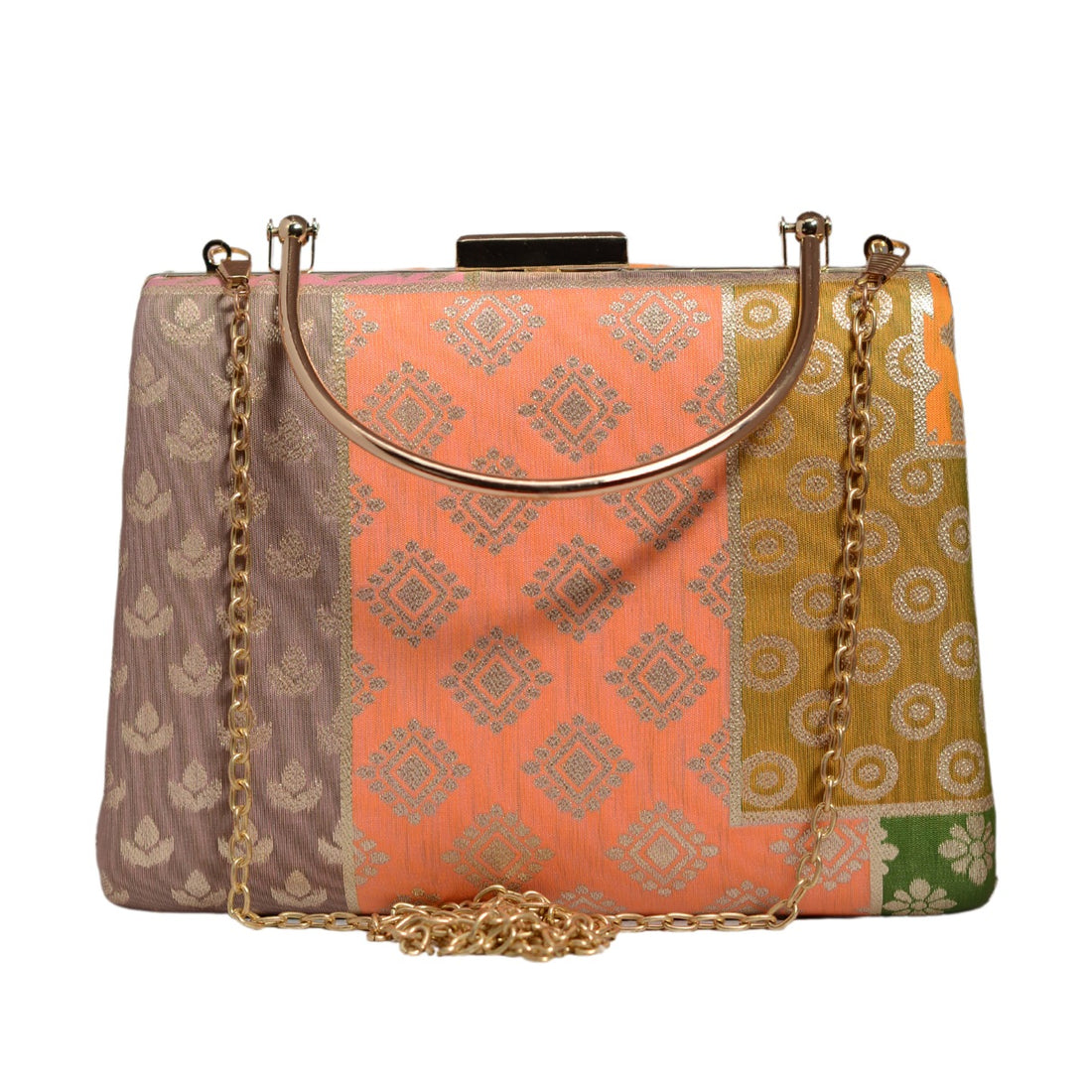 Orange Multipattern Brocade Fabric Clutch