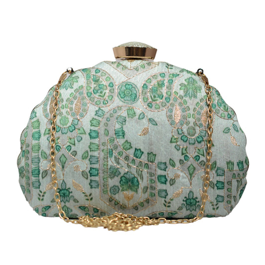 Green Floral Printed Golden Zari Embroidery Clutch