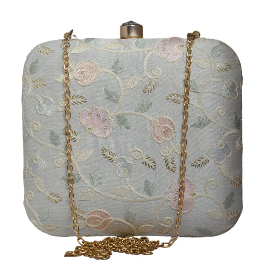 White Floral Embroidery Party Clutch