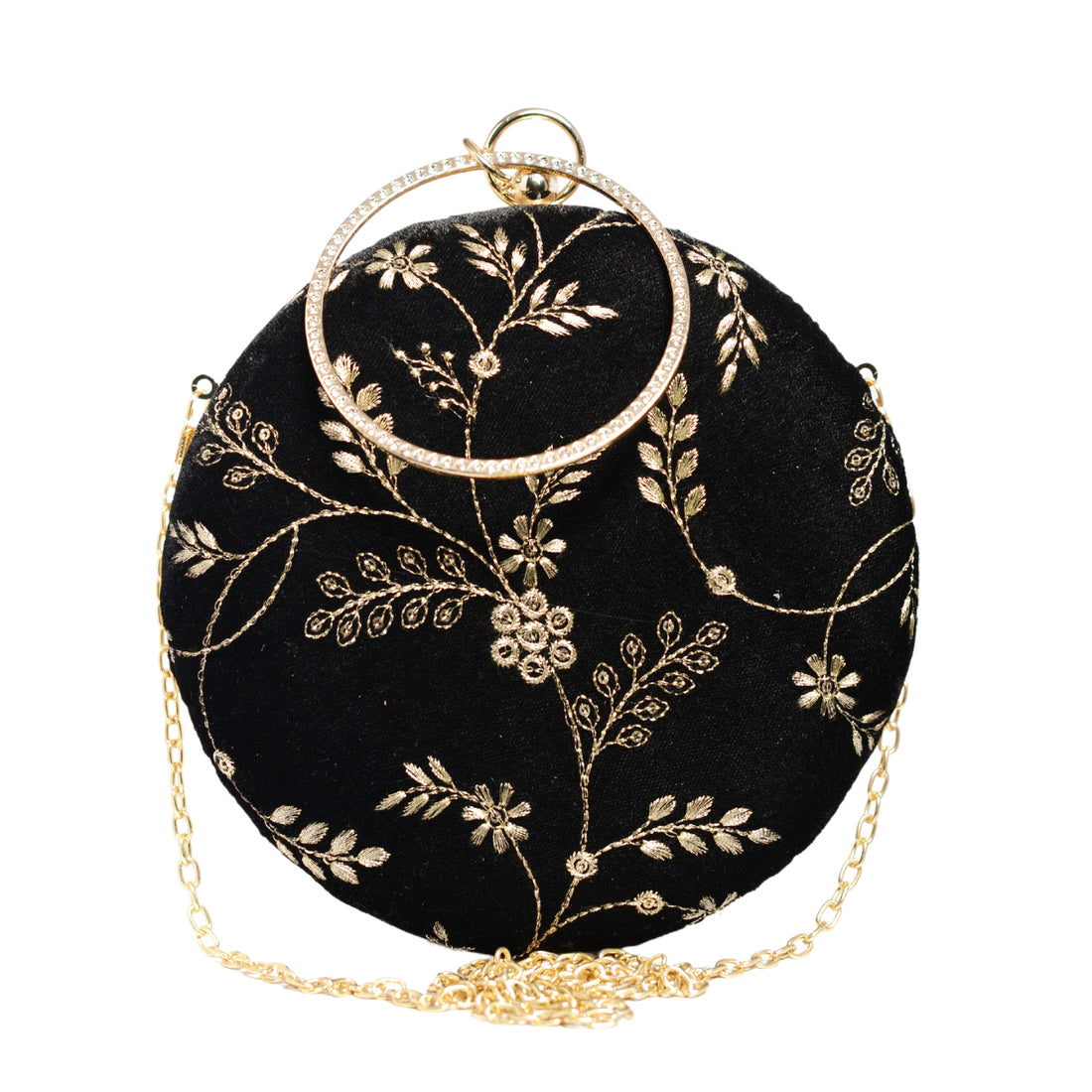 Black And Golden Floral Embroidery Round Clutch