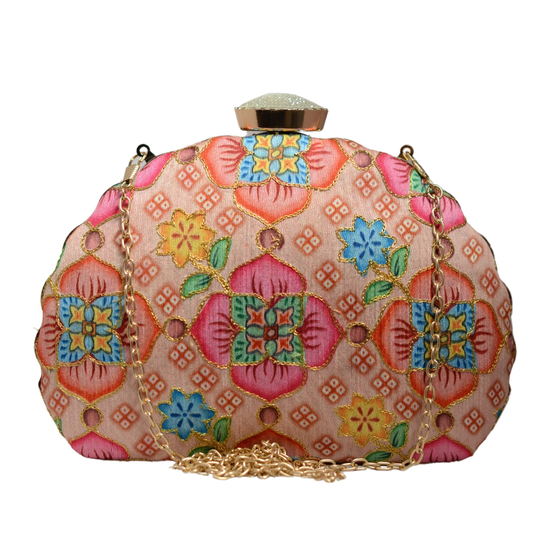 Peach Floral Printed Zari Embroidery Clutch