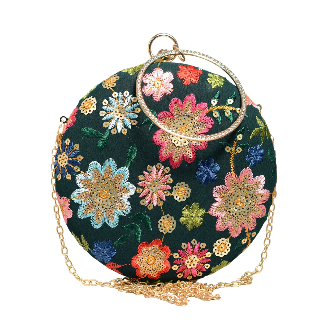 Green Floral Embroidery Round Clutch