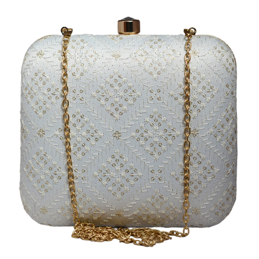 White Box Pattern Embroidery Party Clutch