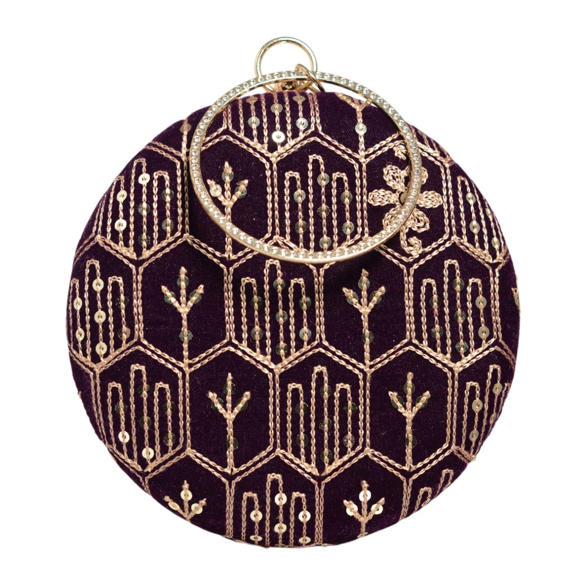 Wine Multipattern Thread Embroidery Round Clutch