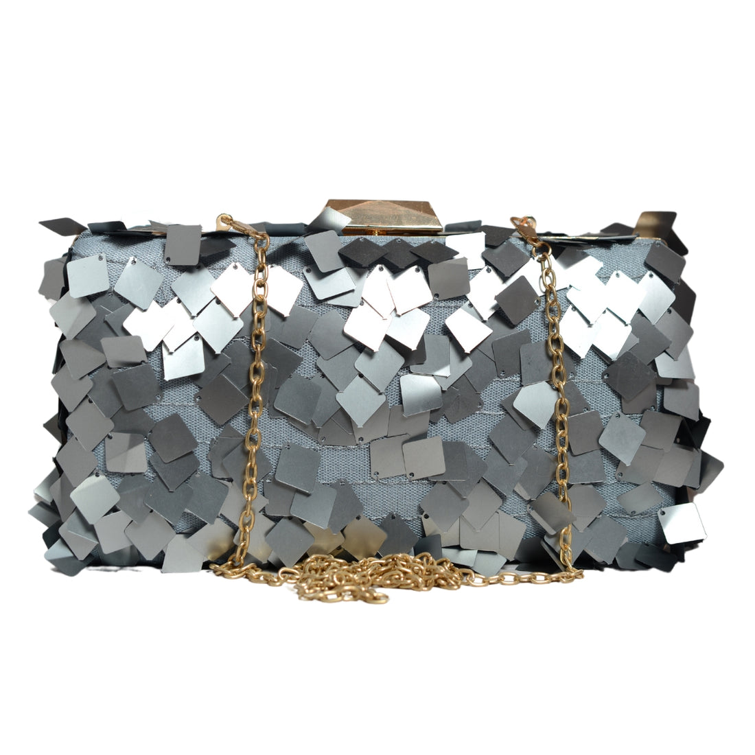 Silver Embellished Sequins Party Clutch