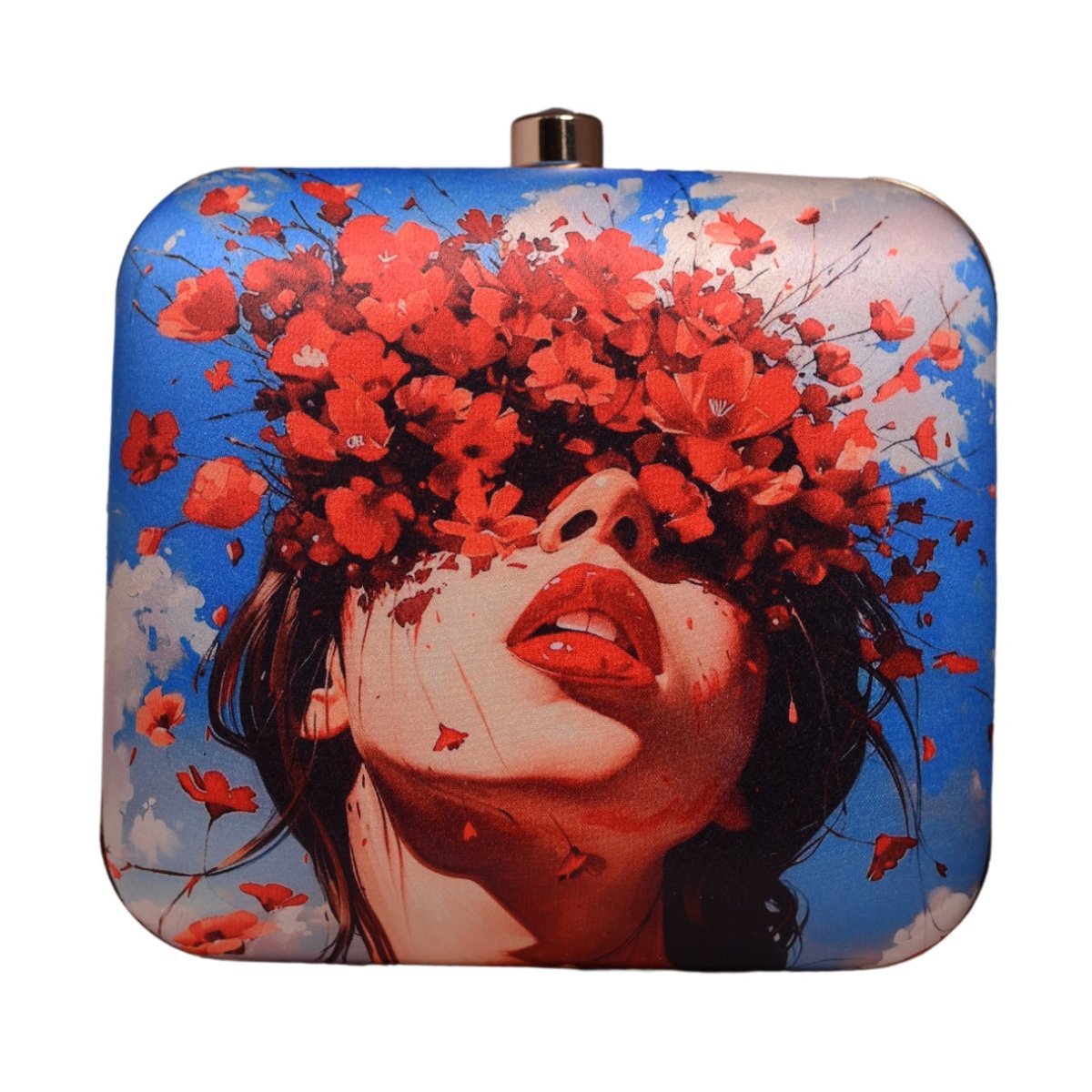 Blue Based Floral Girl With Bold Red Lips Printed Clutch