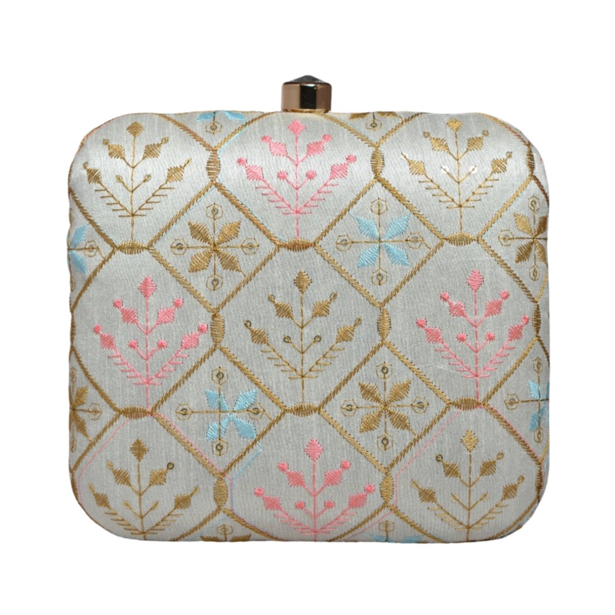 Grey And Golden Thread Embroidery Clutch