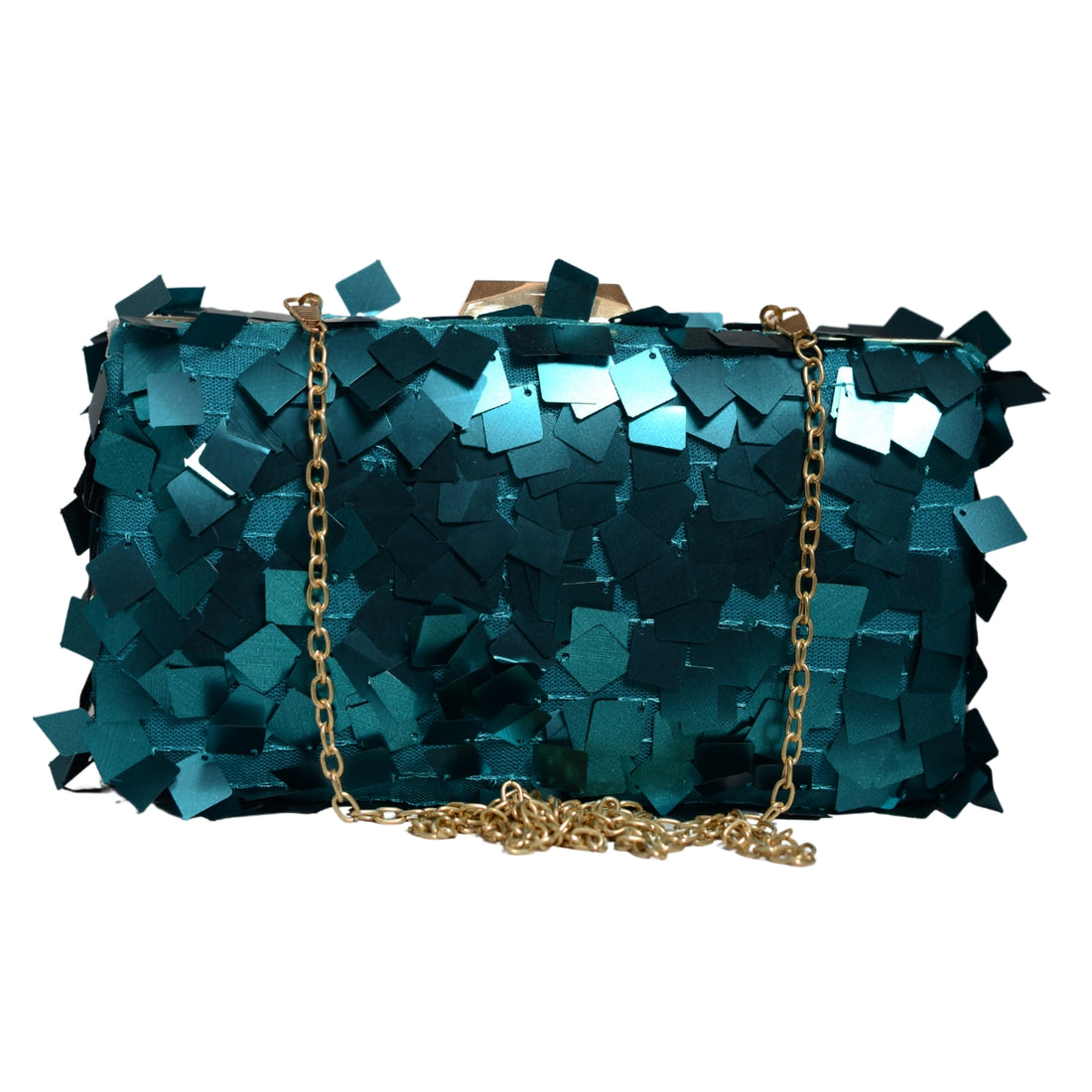 Turquoise Embellished Sequins Party Clutch