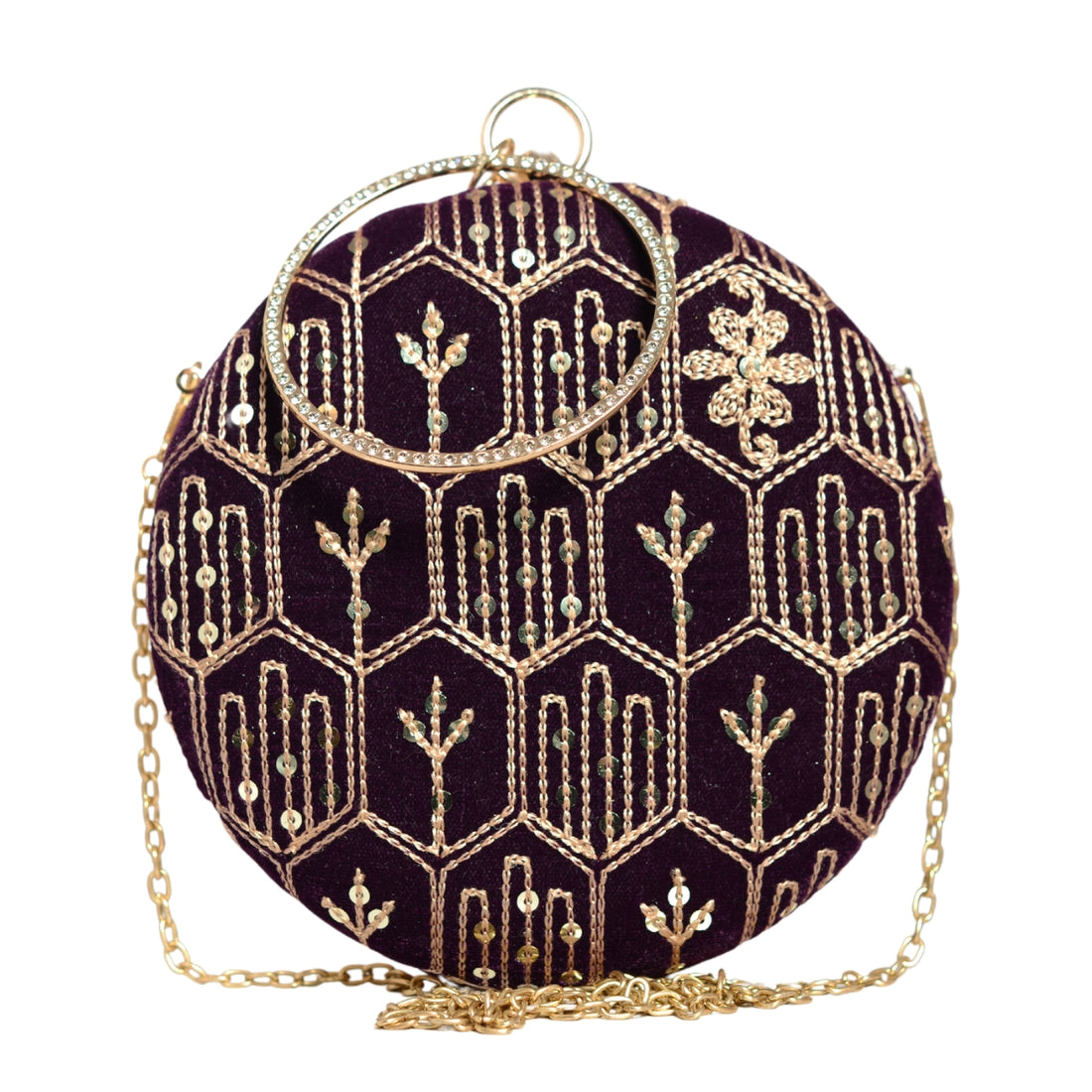 Wine Multipattern Thread Embroidery Round Clutch