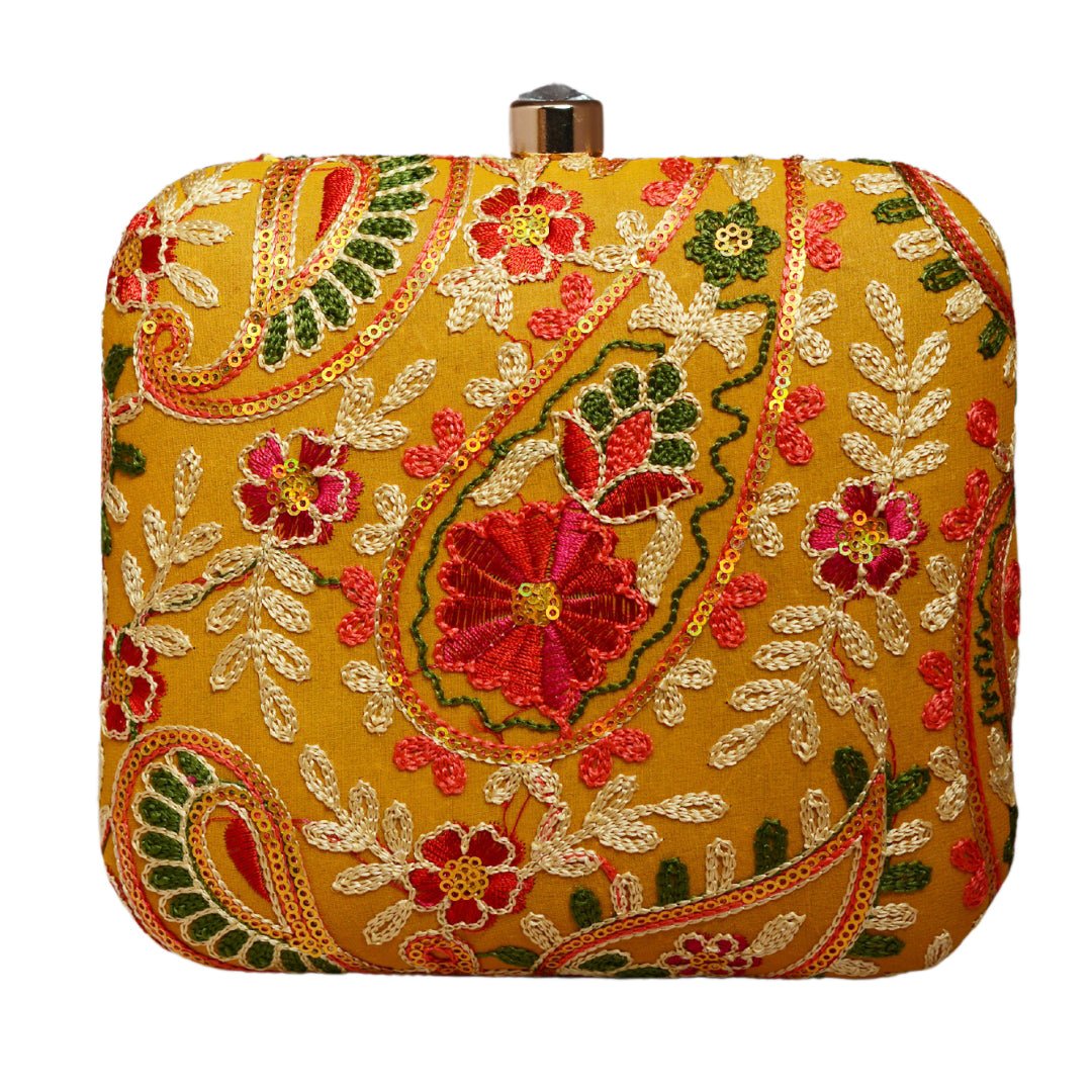 Yellow Multicolor Threadwork Embroidery Clutch