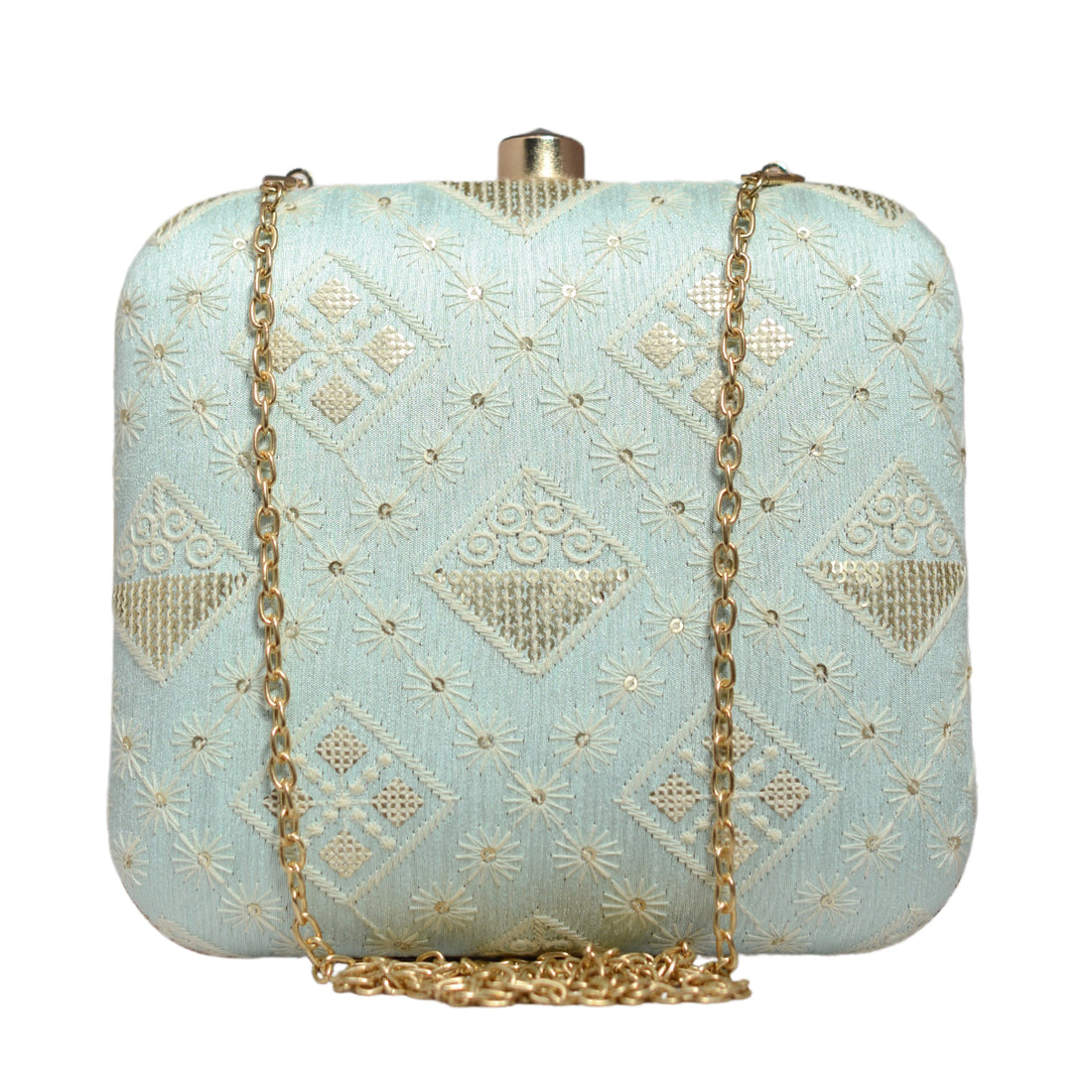 Sky Blue Threadwork And Sequins Embroidery Clutch