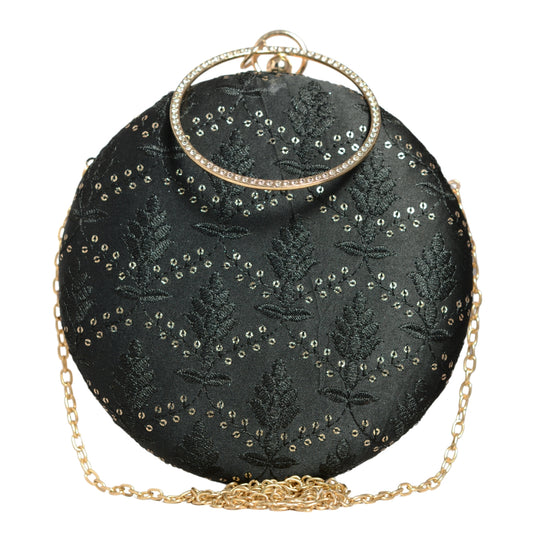 Black Sequins And Thread Embroidery Round Clutch