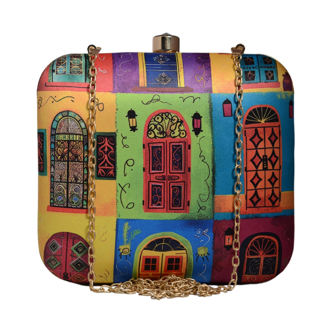 Multicolour Doors Printed Clutch