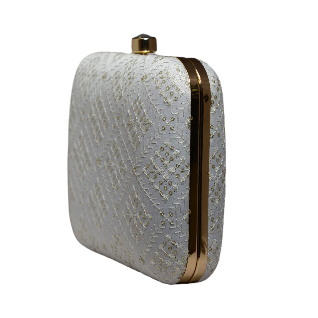 White Box Pattern Embroidery Party Clutch