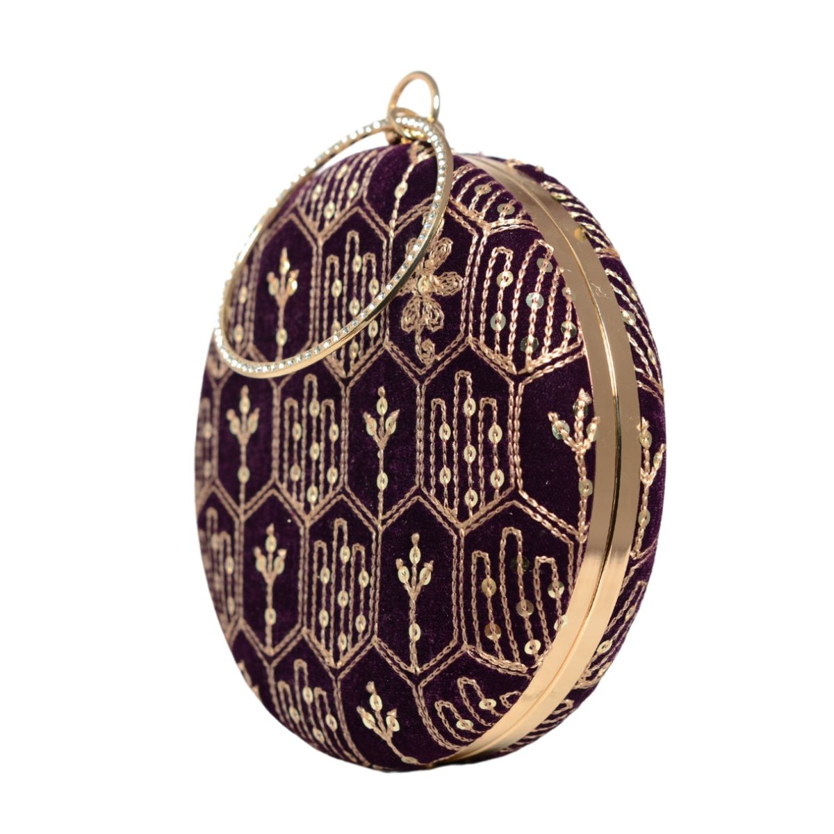 Wine Multipattern Thread Embroidery Round Clutch