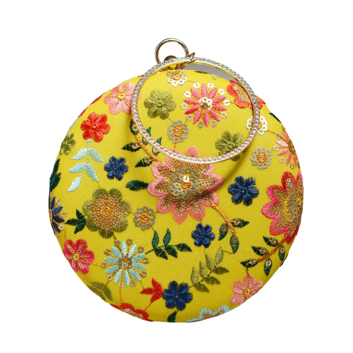 Yellow Floral Embroidery Round Clutch