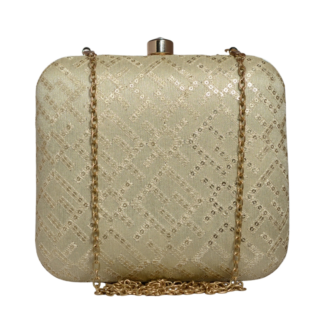 Beige Sequins And Thread Embroidery Clutch