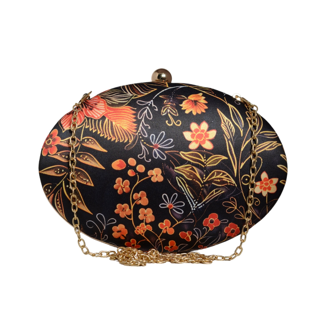 Orange Floral And Leaves Printed Oval Clutch