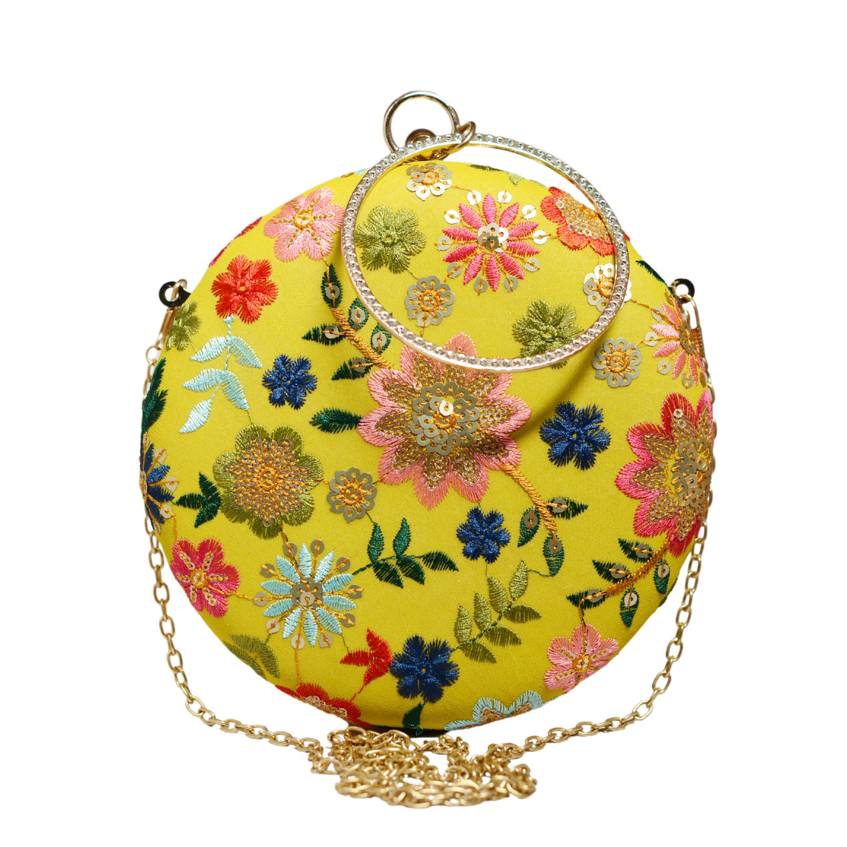 Yellow Floral Embroidery Round Clutch