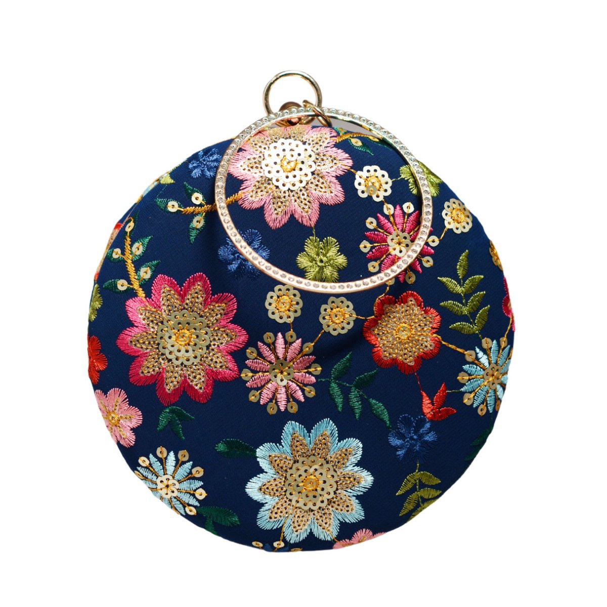 Blue Floral Embroidery Round Clutch