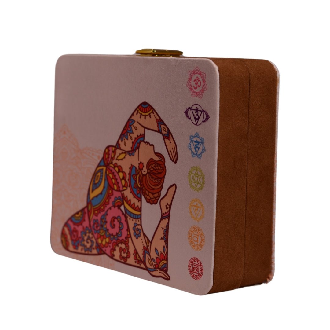Beige Based Yoga Girl With Seven Chakras Printed Clutch