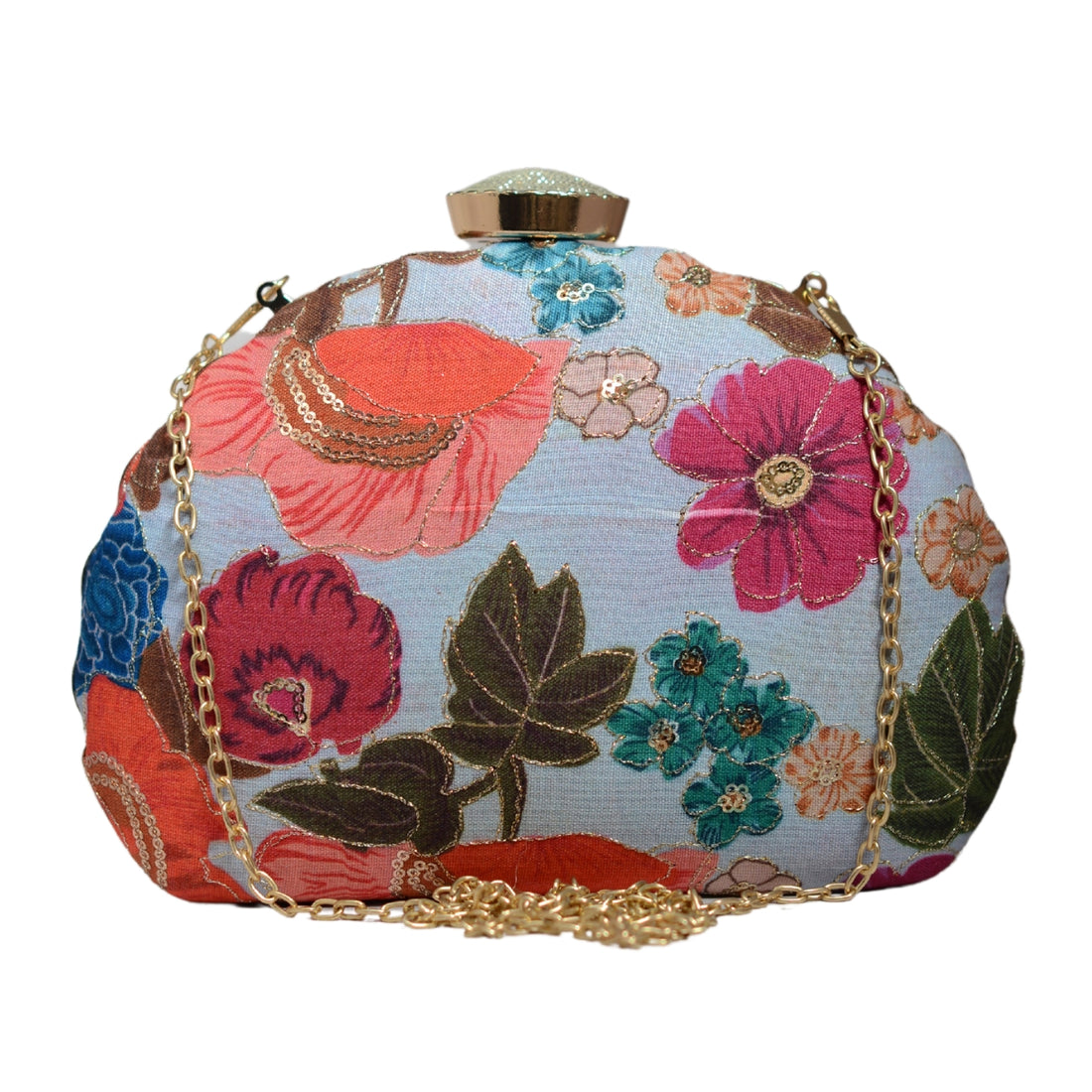 Blue Floral Printed Zari Embroidery Clutch