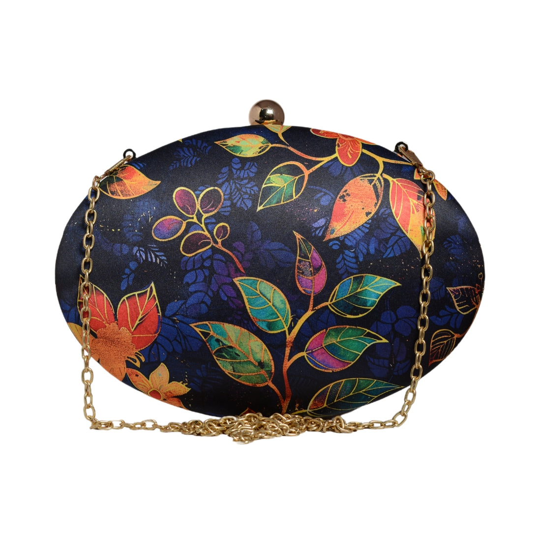 Blue Batik Leaves Print Oval Clutch