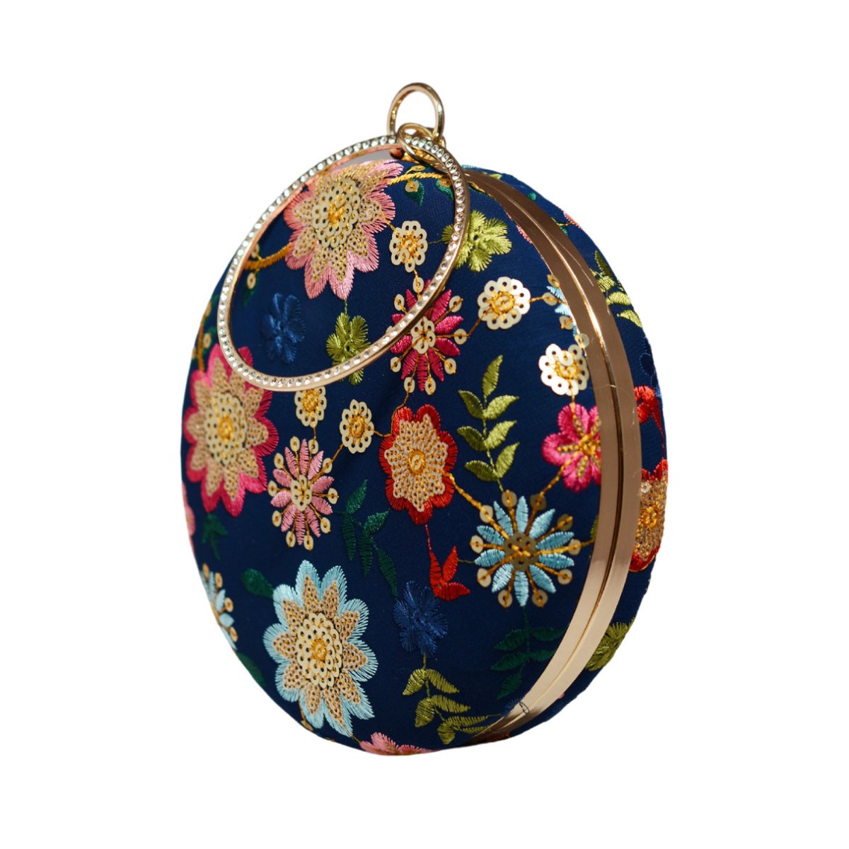 Blue Floral Embroidery Round Clutch