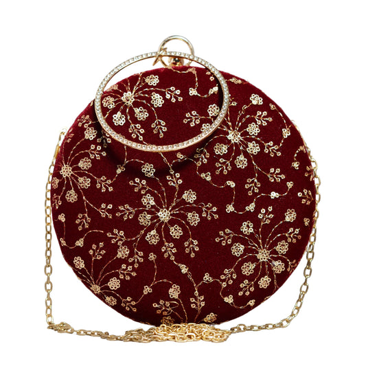 Red And Golden Sequins Embroidery Round Clutch