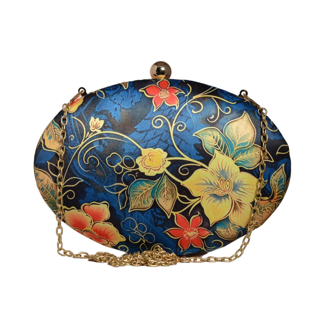 Blue And Yellow Floral Printed Oval Clutch