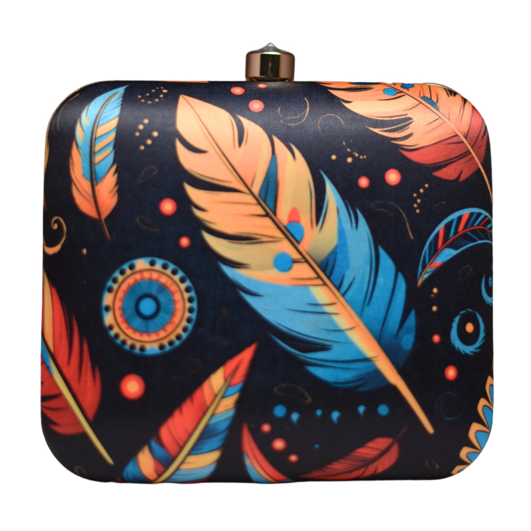 Black Based Feather Printed Clutch