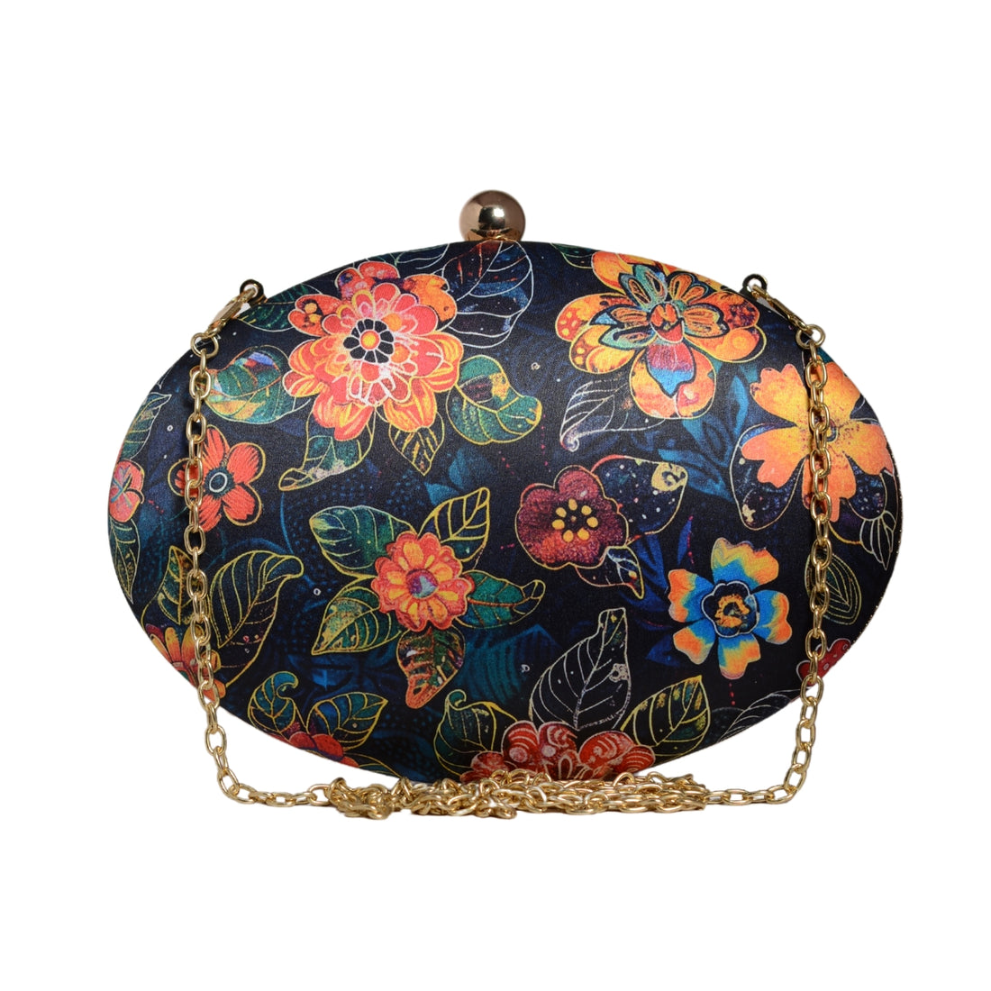 Black Floral And Leaves Printed Oval Clutch