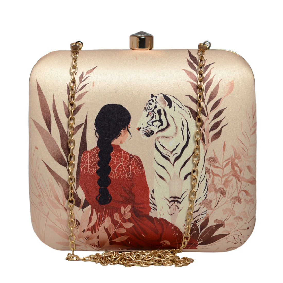 Lady With White Tiger Printed Clutch