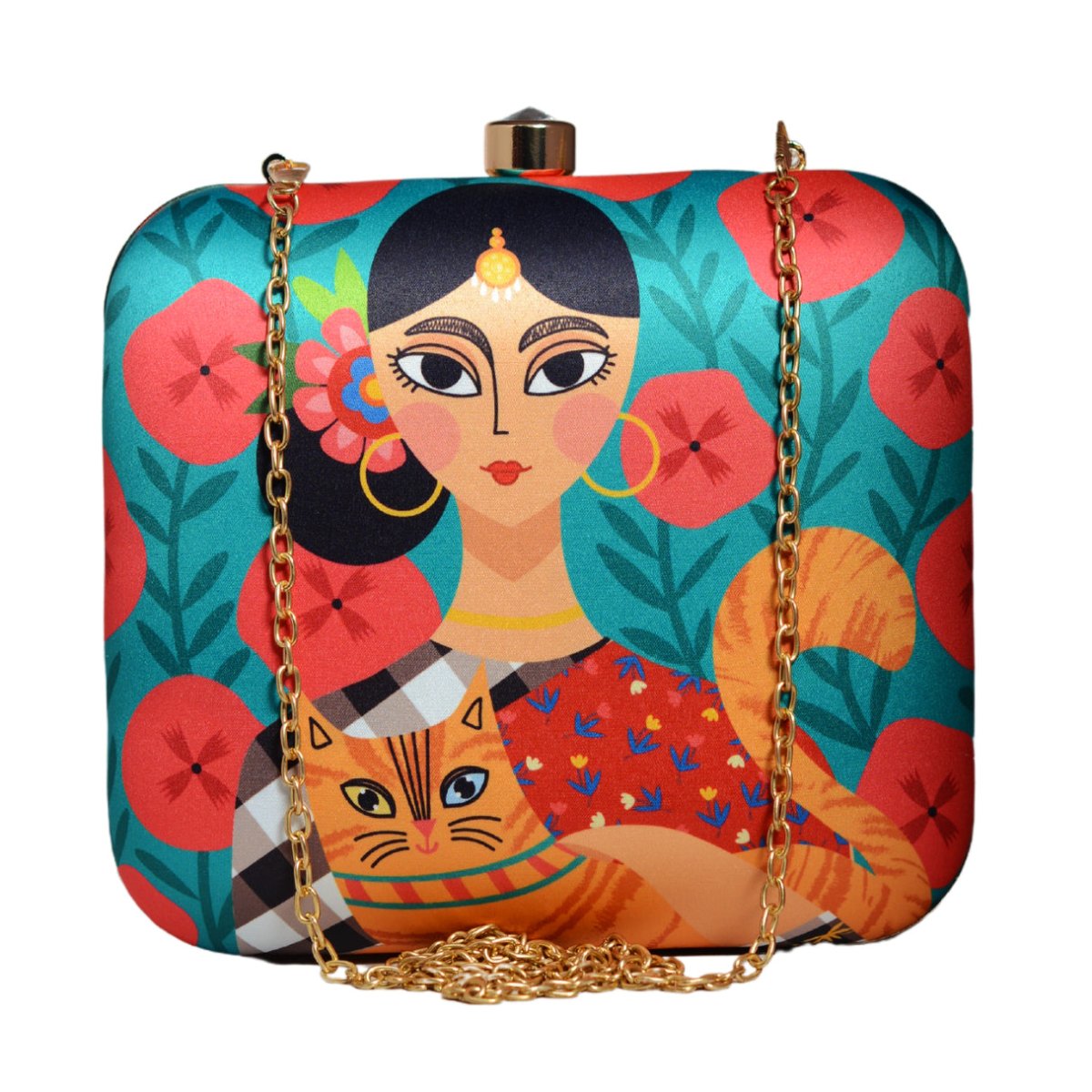 Lady With Cat Printed Clutch